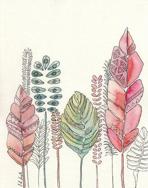 Aztec Leaf Forest Original Watercolor Painting by GrowCreativeShop Painting A Forest, Diy Watercolor Painting, Watercolour Inspiration, Soyut Sanat Tabloları, Watercolor Flower Art, Aztec Designs, Doodle Art Designs, Flower Art Painting, Art Journal Inspiration