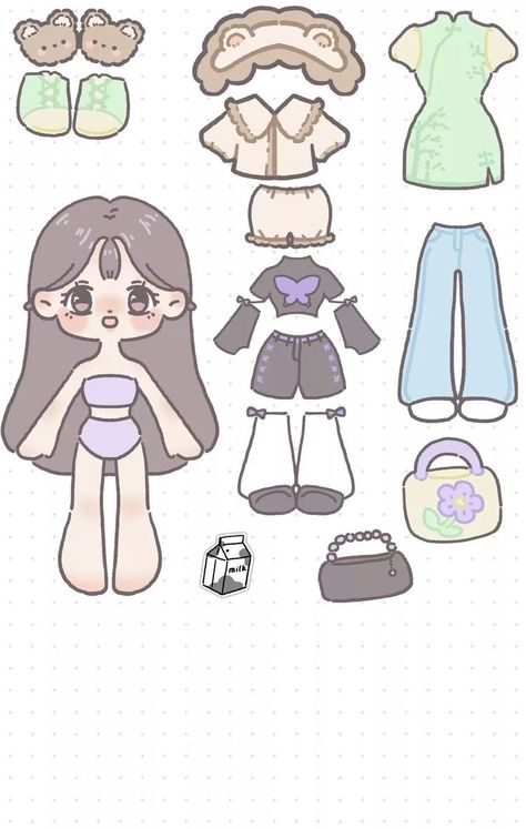 Paper Doll Hairstyles, Chibi Paper Doll Printable, Cute Paper Dolls Free Printable, Diy Paper Dolls Templates, Barbie Paper Dolls Printable Free, Paper Doll Template Printables, Free Printable Paper Dolls Templates, Kuromi Paper Doll, Chibi Clothes Reference