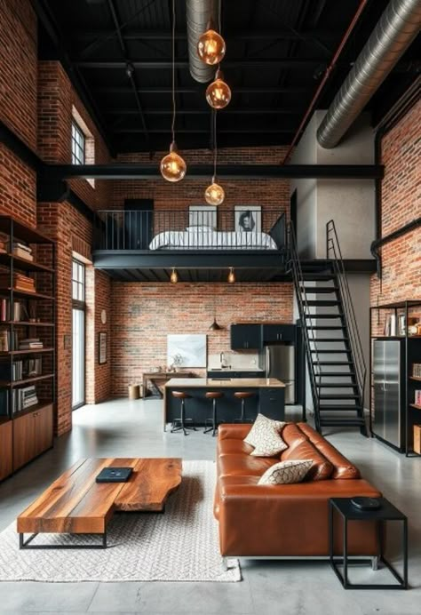 Loft Kitchen Living Room, Concrete Loft House, Live Work Loft, Industrial Style Loft Apartment, Warm Industrial Interior, Industrial Design Aesthetic, Modern Loft Apartment Design, House Loft Design, House Industrial Design