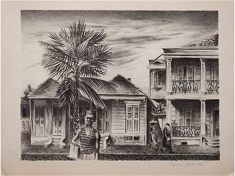 One Kings Lane Vintage New Orleans by Bohrod Lithograph - 1939 New Orleans Street, Fine Art Drawing, Lithograph Print, Painting Photos, Pictures To Paint, American Artists, Antique Art, Original Prints, Vintage Prints