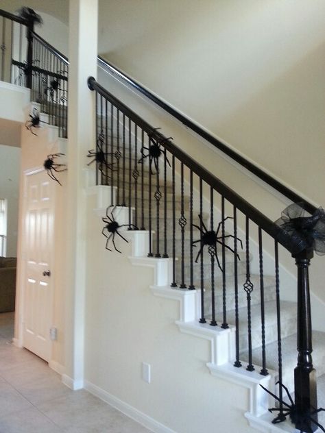 Giant spiders going up the stairs Spider Web Staircase, Spider Web Decoration Indoor, Going Up The Stairs, Halloween Boards, Giant Spiders, Spider Web Decoration, Giant Spider, Staircase Decor, Stair Decor