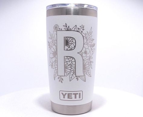 20oz white Yeti tumbler laser engraved with floral monogram letter White Yeti, Customized Tumblers, Personalize Yeti, Yeti Monogram, Floral Monogram Letter, Engraved Yeti, Yeti Stickers, Floral Decal, Yeti Tumbler