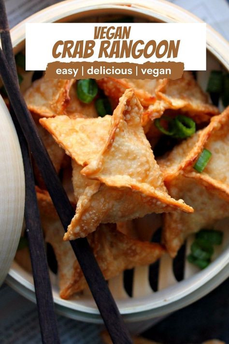 Vegan Crab Rangoon Dip, Balanced Vegan Meals, Vegan Wonton Recipes, Vegan Crab Dip, Vegan Appetizers Finger Foods, Vegan Cream Cheese Wontons, Gluten Free Crab Rangoon, Vegan Wonton Filling, Vegan Crab Rangoon Air Fryer