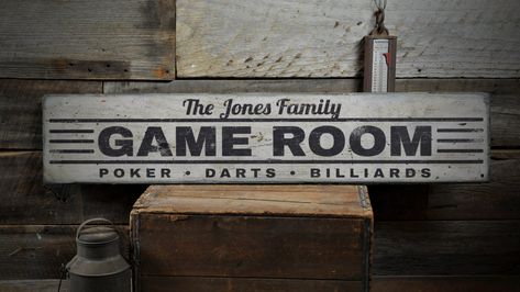 Game Room Wood Sign, Custom Family Name Sign, Poker Darts Billiards Man Cave Home Decor - Rustic Hand Made Vintage Wooden Sign ENS1001404 Looking for a custom sign? Please contact us for a special concept just for you. Any significant changes in design will need to be quoted but text and colors can be changed. The Largest 4 sizes ship in the USA only The 3 largest sizes are made of multiple boards Sign information 100% USA Materials 100% USA Labor Handcrafted Made of 3/4 inch thick knotty pine * Knotty Pine Trim, Pine Trim, Vintage Wooden Signs, Man Cave Homes, How To Make Signs, Sign Decor, Family Name Signs, Man Cave Decor, Room Signs