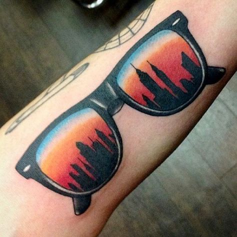 Luis Tattoo, Sunglasses Tattoo, Ornate Tattoo, New York View, Skyline Tattoo, Glasses Tattoo, Tattoo Spots, New York Tattoo, Nyc Tattoo