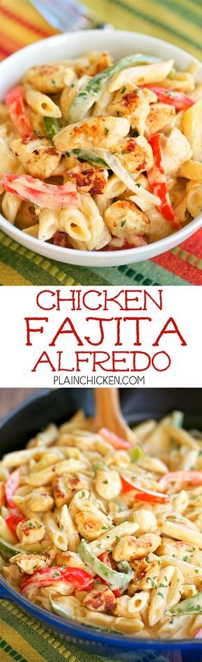 Chicken Fajita Alfredo - ready in 15 minutes! All the flavors of fajitas tossed with pasta and an easy homemade Alfredo sauce. Chicken onion, bell pepper, fajita seasoning, heavy cream, pasta and parmesan cheese. Everyone loved this! It has already been requested for dinner again! No prep and ready in 15 minutes. GREAT weeknight meal! Heavy Cream Pasta, Easy Homemade Alfredo, Easy Alfredo, Alfredo Chicken, Pasta Alfredo, Cream Pasta, Sauce Chicken, Homemade Alfredo, Plain Chicken