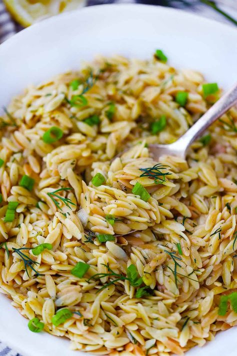 This Orzo Pilaf recipe with lemon and dill is an easy vegetarian side dish that has a buttery, toasty flavor from toasting the orzo before cooking. It only takes a few minutes of prep and 20 minutes total to make this versatile side dish for salmon, chicken, shrimp, or so many other things! Orzo Pilaf Recipes, Orzo Side, Orzo Pilaf, Toasted Orzo, Orzo Recipes Side, Pasta Orzo, Greek Side Dishes, Tuna Dishes, Creative Meals