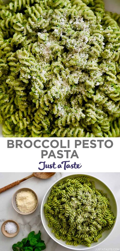 Classic basil pesto gets a welcome glow-up with the addition of broccoli florets in this easy recipe for Broccoli Pesto. The result is a creamy sauce perfect for tossing with your favorite pasta for a quick and easy dinner! #creamypestopasta #dinnerideas #pestorecipe #justatasterecipes Broccoli Pesto Pasta Recipes, Broccoli Basil Pesto, Broccoli Pesto Sauce, Creamy Pesto Broccoli Pasta, Creamy Broccoli Pasta Sauce, Broccoli Pesto Recipe, Pesto Pasta With Broccoli, Broccoli Sauce For Pasta, Broccoli Pasta Sauce