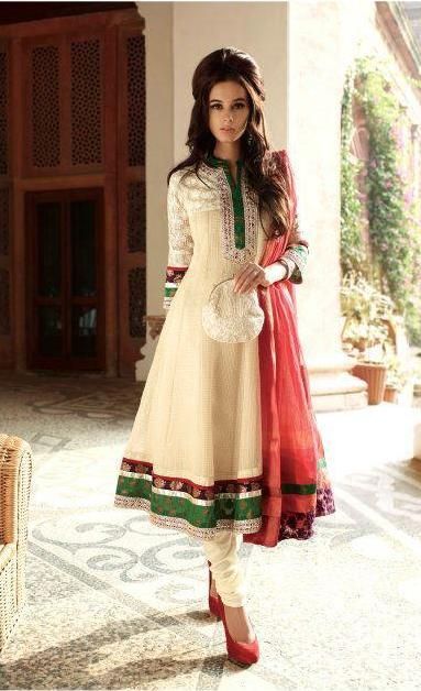 Shop online with latest Anarkali Salwar Suits, finest collection of Anarkali Dresses and fabulous patterns and art work. Shop at Mirraw. Asian Clothes, Saree Bollywood, Desi Wear, Salwar Kamiz, Desi Outfits, Desi Clothes, Dress Knee Length, Indian Couture, Dress Cream