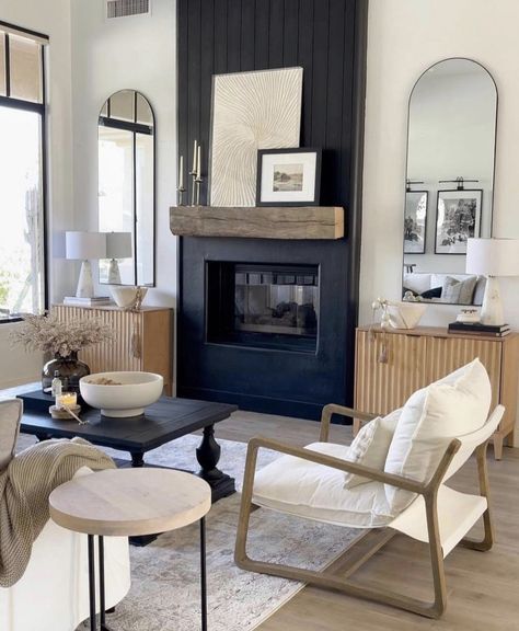 Matching Cabinets On Either Side Of Fireplace, Black Wall Fireplace, Black Fireplace Wall, Mantel Styling, Lounge Inspiration, Natural Interiors, Fireplace Redo, Basement Office, Panel Tv