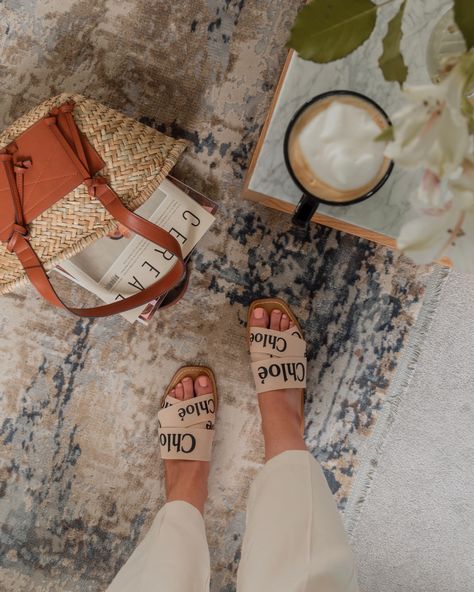 Shop the Chloe slides that everyone is after this season Chloe Flat Sandals Outfit, Chloe Slides Outfit, Designer Slides Outfit, Chloe Sandals Outfit, Sliders Outfit, Chloe Slides, Chloe Aesthetic, Luxury Purchases, Flat Sandals Outfit