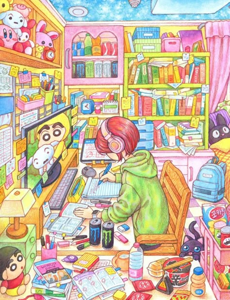 My Room Poster, Colour Pencil Art, Arte Do Kawaii, Desain Buklet, Colour Pencil, Cute Animal Drawings Kawaii, 캐릭터 드로잉, In My Room, Coloring Book Art