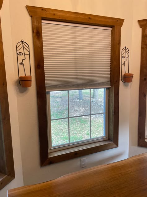 Country Window Trim, Cabin Trim Ideas, Wood Window Sill With White Trim, White Window Wood Trim, White Windows With Wood Trim, Wood Around Windows, Window Wood Trim, Drawing Room Window, Stained Doors White Trim