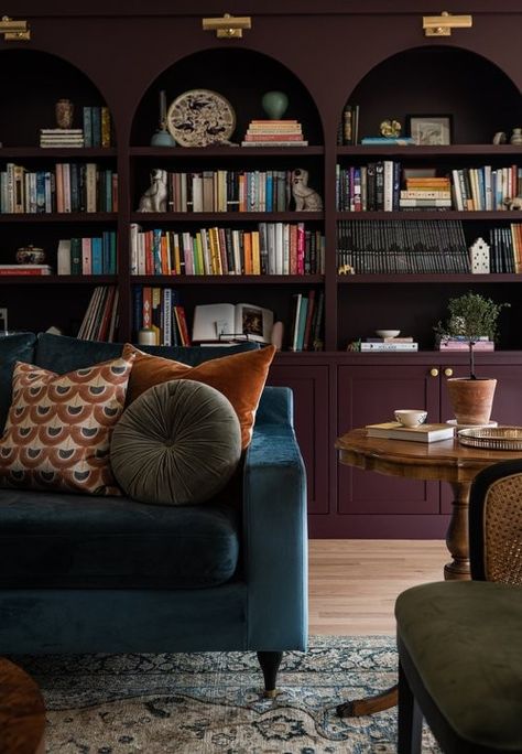 Arched Bookcases, Home With Color, Burgundy Living Room, Seattle Homes, Banquette Seating, Renovation Design, Bookshelf Decor, Green Chair, Design Your Home