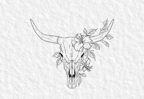 Fine Line Cow Skull Tattoo, Long Horn Tattoo For Women, Cow Skull Tattoo, Bull Skull Tattoo, Longhorn Tattoo, Skull Thigh Tattoos, Cow Skull Tattoos, Western Drawings, Skull Tattoo Flowers