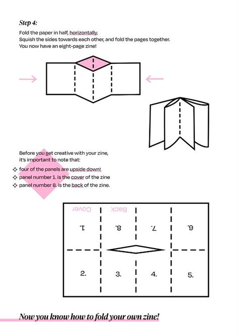 How to fold an eight-page zine, using a single sheet of paper. Illustration Education, Teach Peace, Zine Design, How To Fold, Adult Crafts, Paper Toys, Sheet Of Paper, Art School, Book Design