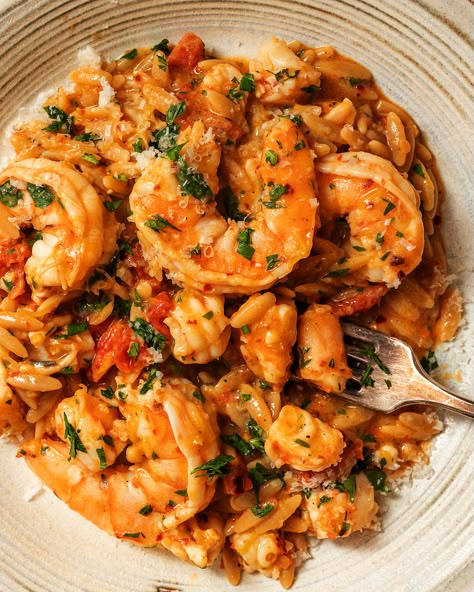 One-Pot Shrimp and Sun-Dried Tomato Orzo Sun Dried Tomato Shrimp, Shrimp Pasta Sun Dried Tomatoes Recipes, Seafood Orzo Recipes, Shrimp And Orzo Recipes, Shrimp Meals, Tomato Orzo, Shrimp Orzo, Orzo Dishes, Fish Fillet Recipe