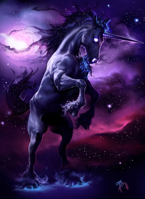 Dark Unicorn, Brandon Moore on ArtStation at https://www.artstation.com/artwork/v23mBY Wall Prints Art, Dark Unicorn, Unicorn Artwork, Unicorn And Fairies, Magical Horses, Horse Inspiration, Unicorn Pictures, Black Unicorn, Fantasy Horses