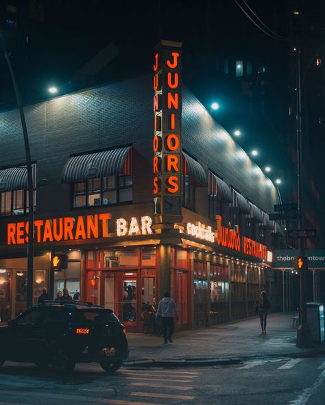 Junior's Restaurant at night, in downtown Brooklyn, New York City New York Downtown, Brooklyn Photography, Downtown Brooklyn, Hotel Motel, Posters Framed, City Car, Nyc Fashion, Brooklyn New York, Image House