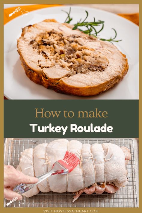 Roasted Turkey Roulade is a delicious dinner alternative to cooking a whole turkey. This easy turkey roll recipe is the perfect blend of sweet and savory flavors. Turkey Roulade With Stuffing, Turkey Roulade Ina Garten, Turkey Breast Roll Recipes, Best Turkey Stuffing Recipe Thanksgiving, Gourmet Turkey Recipes, Turkey Breast Roulade Recipes, Turkey Breast Rolled With Stuffing, Rolled Turkey Breast Recipes, Turkey Roulade Thanksgiving