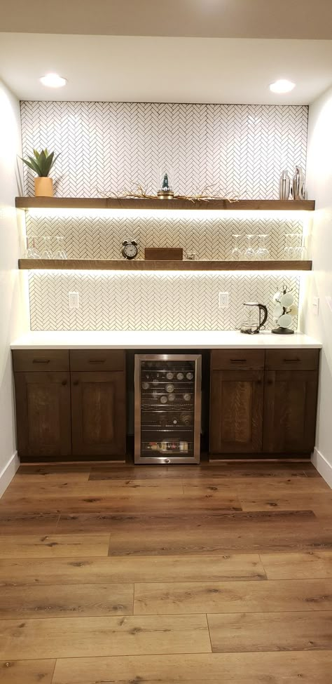 Coffee Bar Woth Floating Shelves, Open Shelf Wine Bar, Modern Coffee Bar Shelves, Small Wet Bar With Floating Shelves, Bar Wall With Floating Shelves, Basement Wet Bar Backsplash, Tile Wall With Floating Shelves, Wet Bar With Floating Shelves Dining Room, Bars With Floating Shelves