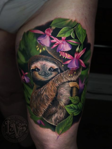 Sloth Tattoos, Traditional Tattoo Man, Cover Up Tattoos For Men, Sloth Tattoo, Sloth Art, Wild Tattoo, Japan Tattoo Design, Fusion Ink, Leg Tattoo Men