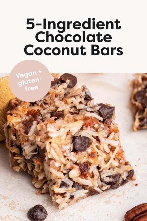 These chocolate coconut bars taste like a magic cookie bar but are easier to make with only 5 simple ingredients. They're crisp around the edges and have a nice chewy center. Desserts With Oats, Magic Cookie Bar, Chocolate Coconut Bars, Coconut Chocolate Bars, Bird Food Recipes, Gluten And Dairy Free Recipes, Gluten Free Bars, Almond Bars, Xmas Recipes