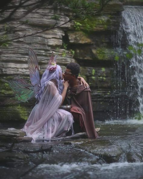 Fantasy Couples Photoshoot, Fantasy Wedding Photography, Fantasy Couple Poses, Fantasy Couple Photography, Fairy Engagement Photos, Fantasy Engagement Photos, Fairytale Photography Princesses, Warrior Couple, Black Fairies