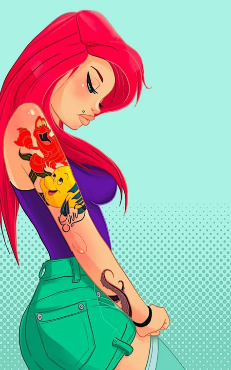 Gothic Disney Princesses, Hipster Ariel, Hipster Disney, Evvi Art, Ariel Wallpaper, Goth Disney, Hipster Drawings, Punk Disney Princesses, Disney Princess Tattoo