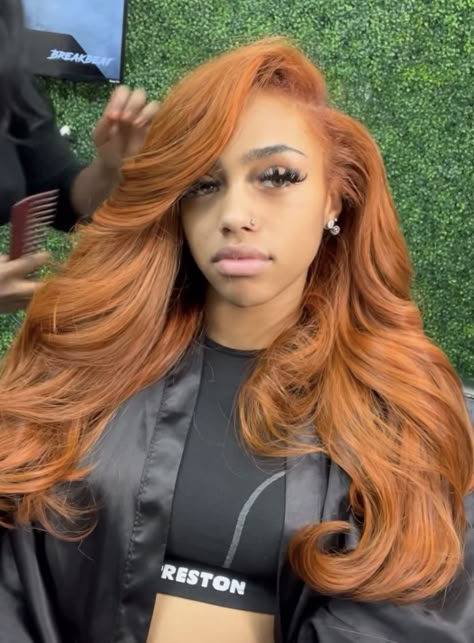 Ginger Red Lace Front Wigs Black Women, Ginger Hair Black Women Side Part, Ginger Traditional Sew In, Ginger Tape Ins, Ginger Leave Out Sew In, Copper And Blonde Hair Black Women, Ginger Sew In Weave With Leave Out, Ginger Side Part Wig, Light Ginger Hair Black Women