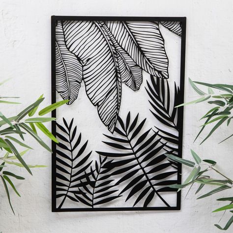 Palm Leaf Wall Art, Fern Wall, Geometric Mirror, Laser Cut Steel, Free Standing Wall, Outdoor Mirror, Fern Leaf, Privacy Screen Outdoor, Square Wall Art