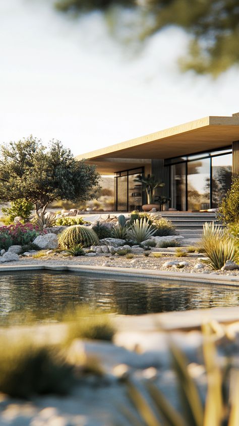 A modern desert dwelling featuring a secluded pool and garden. Desert Pool, Desert Paradise, Pool And Garden, Modern Desert, Desert Homes, Natural Pool, Modern Homes, Modern House, Paradise