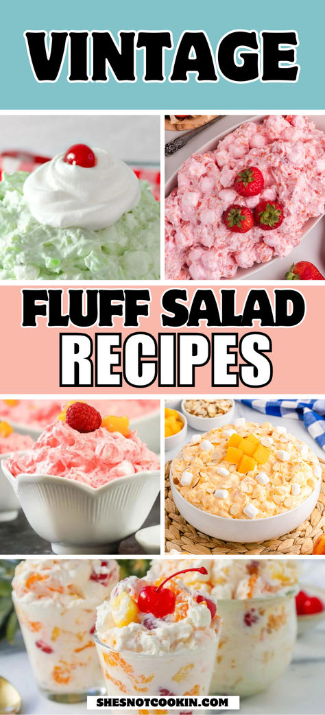 Jello fluff salads photo collage with text overlay. Fluff Dessert Recipes, Fluff Salad Recipes, Fluff Salad, Jello Dessert Recipes, Fluff Recipe, Fluff Desserts, Jello Desserts, Dessert Aux Fruits, Jello Recipes