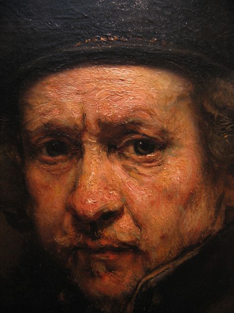 The close up of Rembrandt's self portrait reveals how his visible brush strokes followed the contour of his face, adding to the unity bad realism of the piece Rembrandt Self Portrait, Rembrandt Portrait, Rembrandt Paintings, Istoria Artei, Painting Brushes, Rembrandt Van Rijn, Francisco Goya, Dutch Painters, Johannes Vermeer