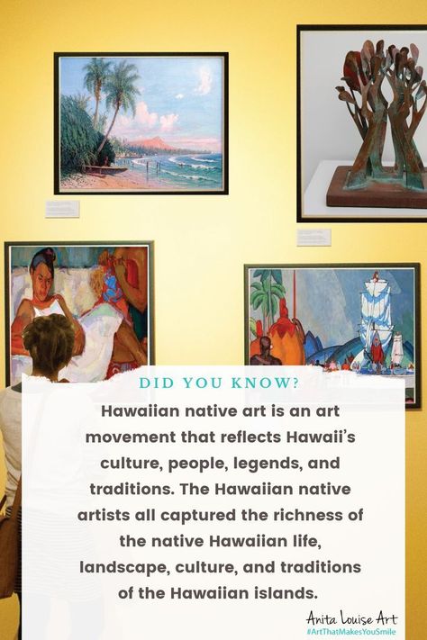 Hawaiian native art is an art movement that reflects Hawaii’s culture, people, legends, and traditions. The Hawaiian native artists all captured the richness of the native Hawaiian life, landscape, culture, and traditions of the Hawaiian islands. #AnitaLouiseArt #ArtThatMakesYouSmile #GreatArtists #AmazingArtists #HistoryofArt #HawaiianArtists Anita Louise, Hawaiian Life, Hawaiian Artists, Landscape Photography Art, Culture People, Inspiring Artists, Social Media Art, Art Pins, Hawaiian Art