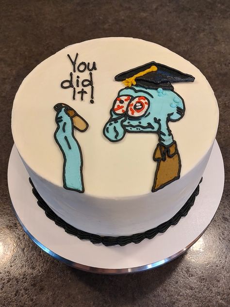 Squidward graduation cake Handsome Squidward Cake, You Did It Squidward Cake, Squidward Graduation Picture, Squidward Graduation Cake, You Did It Cake, Squidward Graduation, Funny Graduation Cake Ideas, Congratulations Cake Ideas, Degree Cake