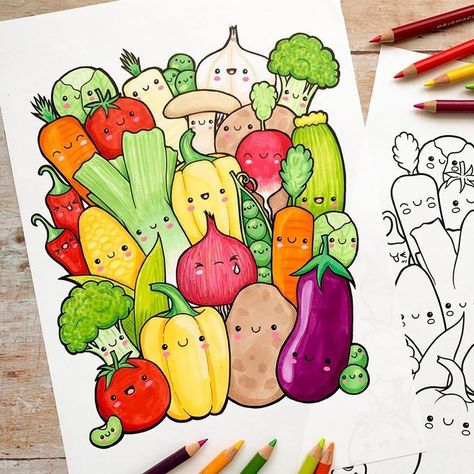 Cute Vegetable Drawing, Vegetables Doodle Drawing, Doodle Drawings Food, Cute Drawings Of Cartoons, Vegetable Doodle Art, Veggie Doodles Art, Doodle Art Drawing Cute Food, Colourful Doodle Art Drawings Cute, Kid Printables Art