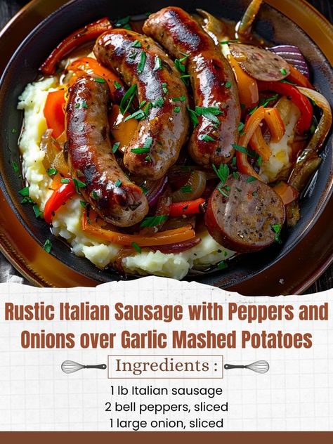 Sausage With Peppers And Onions, Garlic Mashed Potatoes Easy, Italian Sausage And Peppers, Creamy Garlic Mashed Potatoes, Italian Sausages, Easy Mashed Potatoes, Italian Comfort Food, Garlic Mashed Potatoes, Rustic Italian