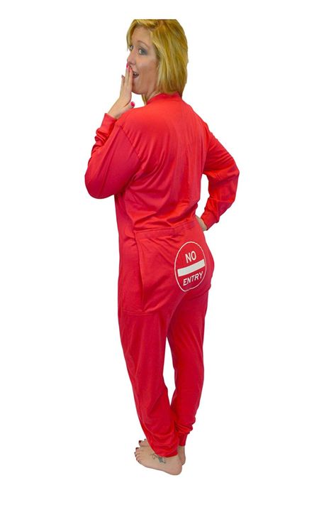 BIG FEET PAJAMAS Red Union Suit Onesie Pyjamas with Funny Bum Flap NO ENTRY for Men & Women Red onesie union suit has funny butt flap with a NO ENTRY sign screen printed on the flap. These onesies can be worn as pyjamas or loungewear.  Lighter than the original wool union suits, these jersey cotton onesies are more like your favorite t-shirt, but (no pun) they still have the convenient drop seat, also referred to as butt-flap, or bum-flap.  #onesies #bumflappajamas #adultonesies #funnypajamas Girly Lounge Wear, No Entry Sign, Onesies Pajamas, Easter Bunny Outfits, Bunny Outfits, Hoodie Jumpsuit, Womens Onesie, Funny Pajamas, Long Johns Pajamas