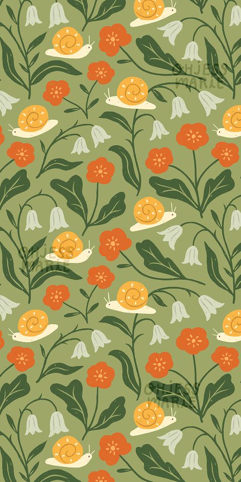 Patterns Illustration Design, Snail Pattern Design, Simple Flower Pattern Illustration, Spring Illustration Art Nature, Garden Pattern Design, Snail Wallpaper Aesthetic, Ipad Nature Wallpaper, Cute Snail Wallpaper, Nature Pattern Illustration