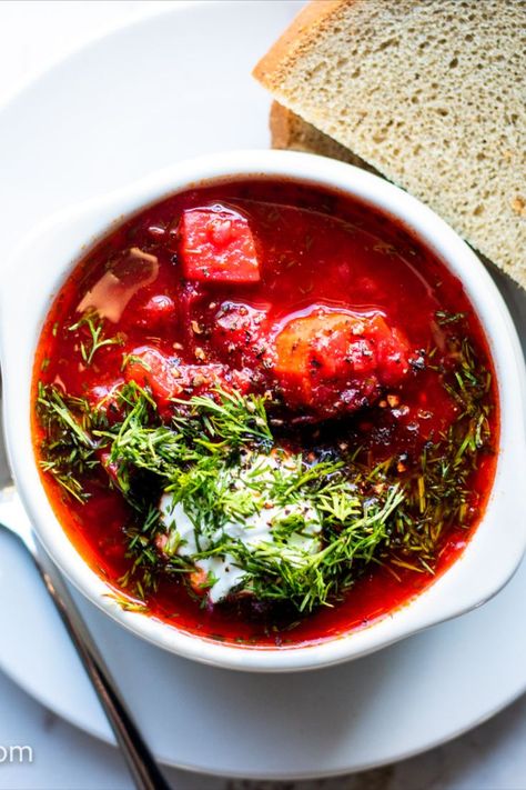 red Borscht soup with dill and sour cream Recipe Beets, Borscht Soup Recipe, Nutritious Soup, Borscht Soup, Carrots Potatoes, Beet Soup, Potatoes Onions, Potatoes Carrots, Fall Soups