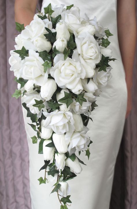 White Roses Cascade Bouquet, Tear Drop Wedding Bouquet, Bride's Bouquet Cascade, Wedding Bouquet Cascade, White Rose Wedding Bouquet, Teardrop Bouquet, Simple Wedding Bouquets, Cascading Bouquet, Cascading Bridal Bouquets