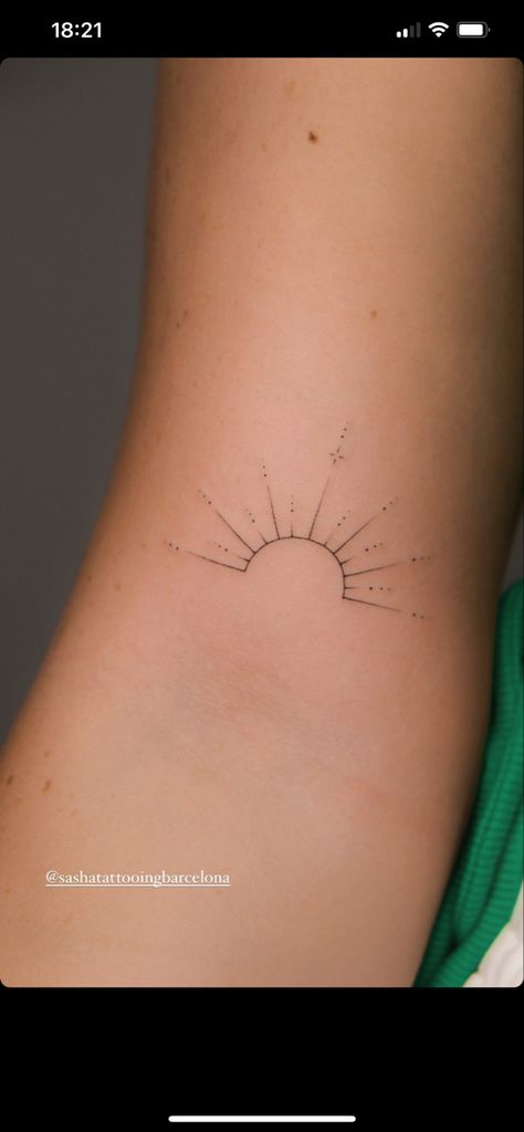 Dainty Sunset Tattoo, Dainty Sun Tattoos For Women, Dot Sun Tattoo, Single Line Sun Tattoo, Dainty Sunshine Tattoo, Dotwork Sun Tattoo, Sun Tattoo Hip, Sun Fineline Tattoo, Sun Beam Tattoo