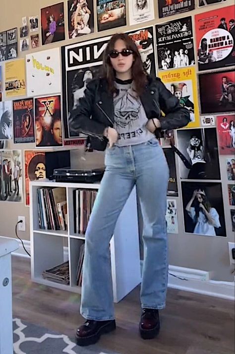 Womens 80s Rock Outfit, 70s Doc Martens Outfit, 70 Rock Outfits Women, Retro Rocker Outfits, 70s Denim Jacket Outfit, Grunge 70s Outfit, 80s Rockstar Aesthetic Outfits, 70s Rock Aesthetic Outfits, Rocker Gf Outfits