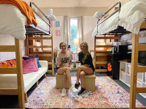 Three Bed Dorm Room Layout, Bunked Dorm Beds Ideas, College Dorm Lofted Beds, Bunk Dorm Room Ideas, Dorm Room Designs Lofted Beds, Dorms With Lofted Beds, High Lofted Dorm Beds, College Dorm Bunk Beds, Dorm Room Designs College For Two