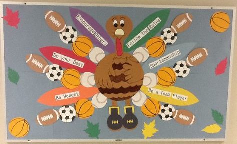 Positive Behavior Intervention and Supports Bulletin board Gym Class Bulletin Board, Thanksgiving Pe Bulletin Boards, Ball Bulletin Board Ideas, Fall Pe Bulletin Boards, P.e. Bulletin Board Ideas, Sports Bulletin Boards, Dr Seuss Bulletin Board, Pe Classroom, Physical Education Bulletin Boards