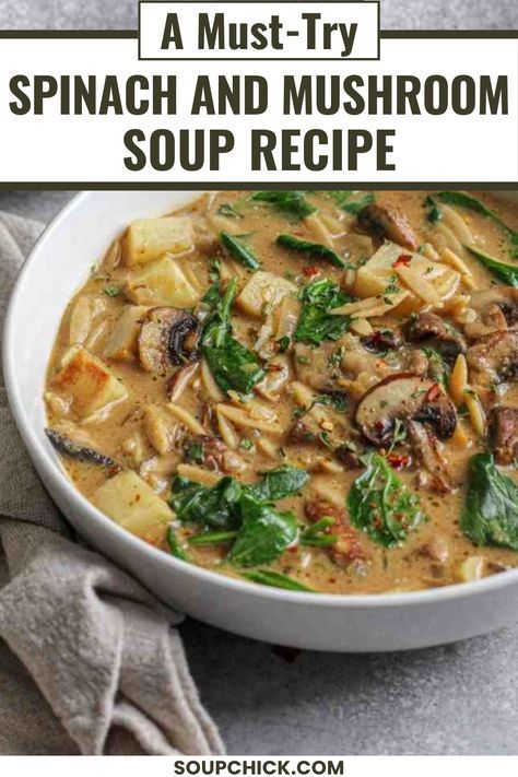 Mushroom Spinach Soup Recipes, Mushroom And Spinach Soup, Spinach And Mushroom Recipes, Mushroom Spinach Soup, Mushroom Potato Soup, Spinach Soup Recipe, Spinach And Mushroom, Soups Recipes, Quinoa Spinach