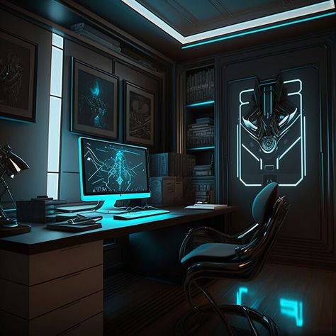 Tron Inspired Room, Tron Room, Futuristic Home Office, Men Living Room Ideas Apartments, Tron House, Men Living Room Ideas, Cyberpunk Office, Sci Fi Office, Starfield Aesthetic