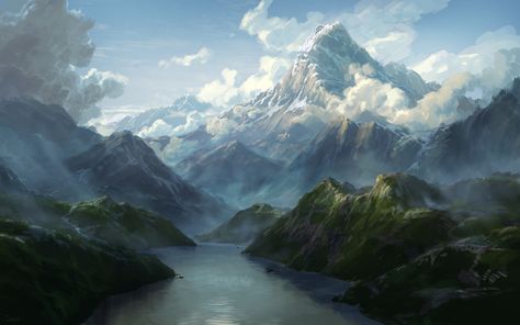 Mountain Concept Art, Fantasy Valley, The Dwarves, Valley Landscape, Digital Art Photography, Mountain Valley, Landscape Concept, Mountain Lake, Environmental Art