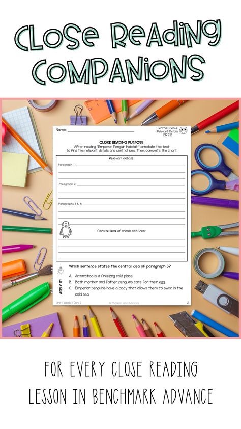 The Markers and Minions Close Reading Companions are available for all 10 units of Benchmark Advance. There is a companion page for every close reading lesson in the curriculum. Best of all, they are aligned to ALL the Benchmark Editions (CA, FL, National, 2021 and 2022! Benchmark Advance Third Grade, Benchmark Advance, Close Reading Activities, Reading Unit, Reading Street, Vocabulary Activities, Reading Classroom, Reading Lessons, Spelling Words